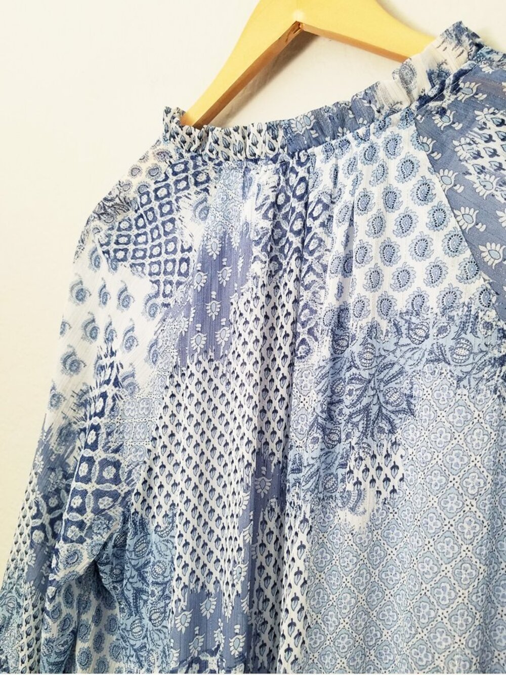 MSK Ruffle V Neck Baby Doll Dress XL Chiffon Patchwork Blue Shimmer Boho Cottage - Picture 14 of 15